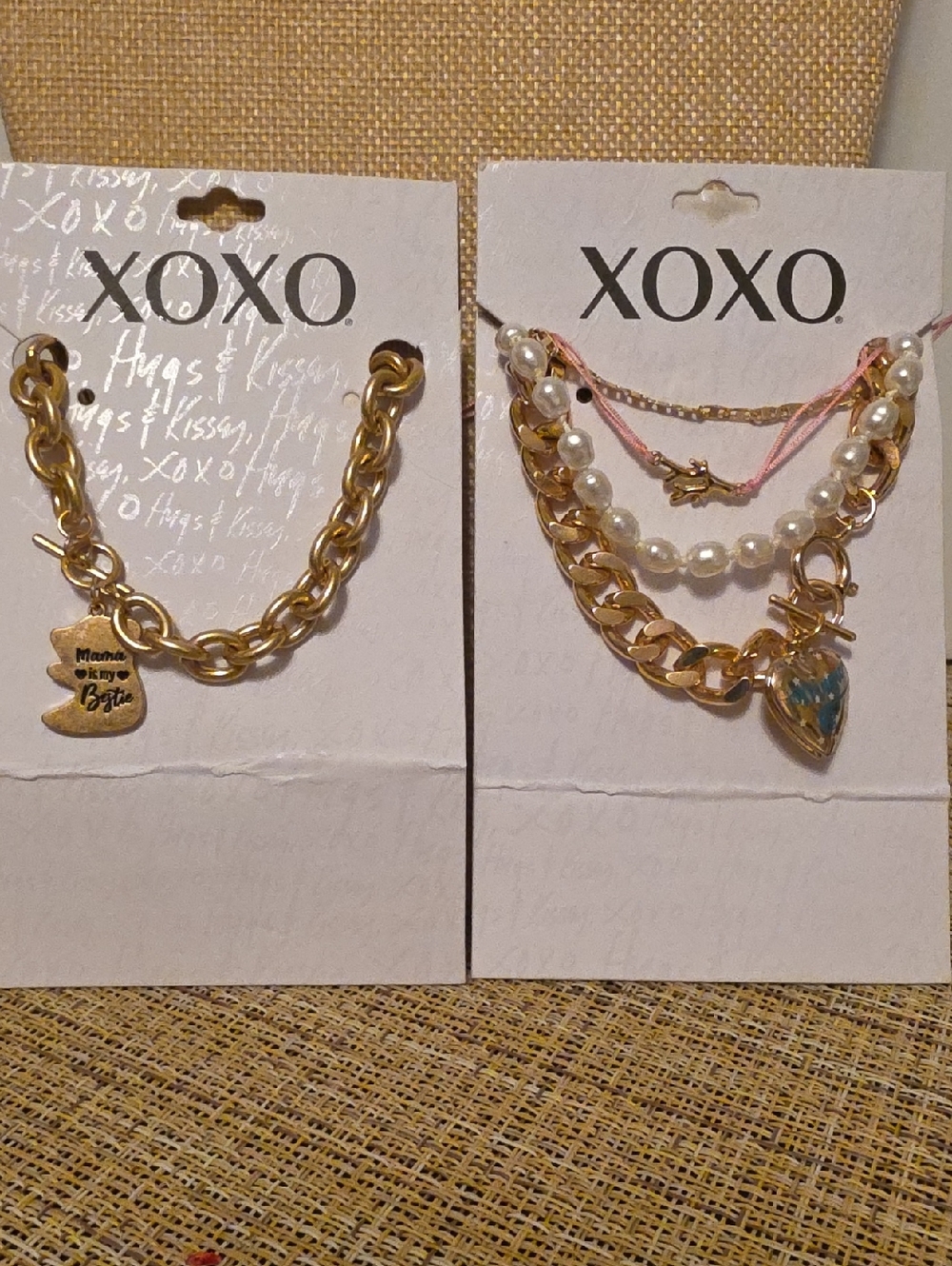 XOXO Gold Tone Layered Charm Bracelet Set with White Pearls and Pink Cord